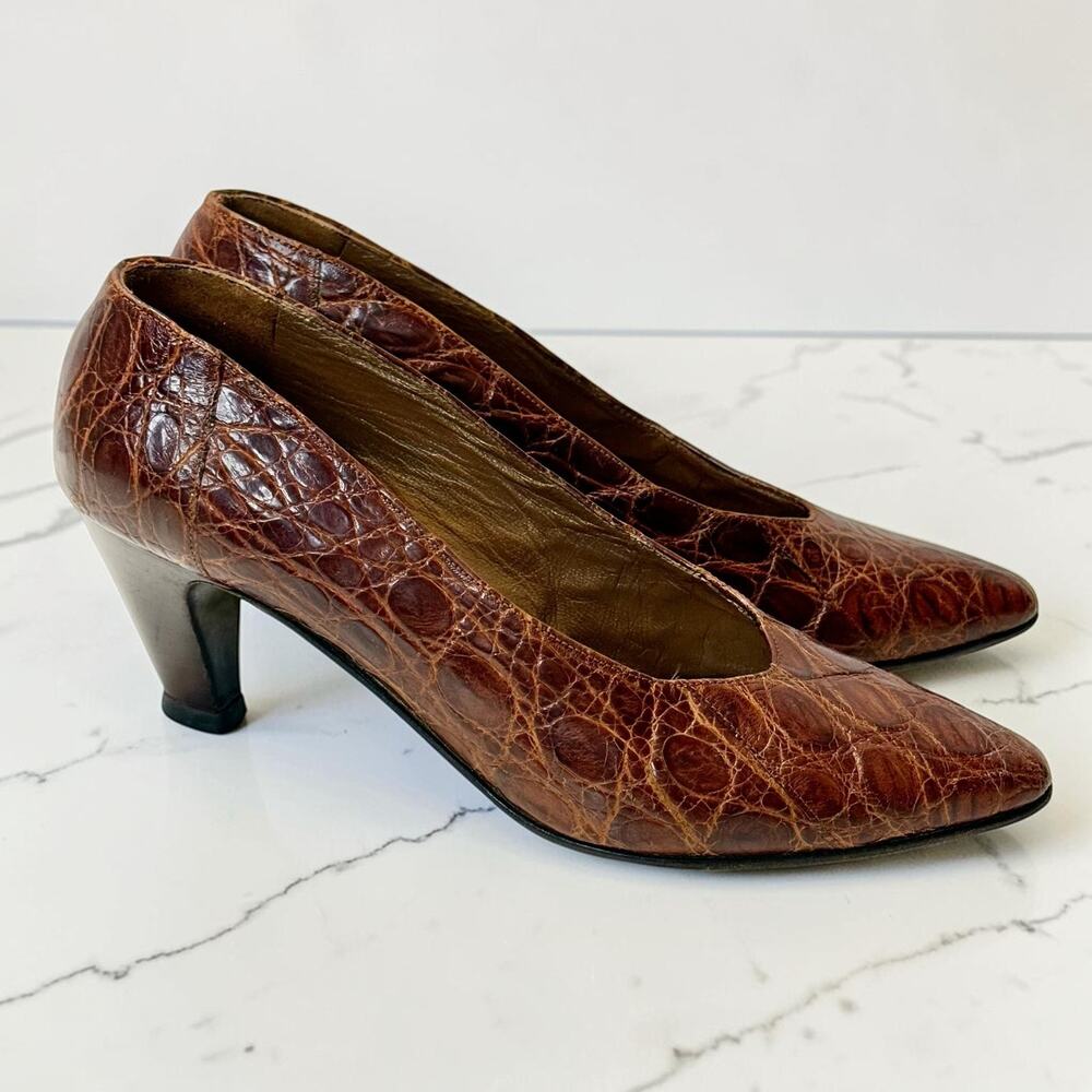 Petra Florence Croc Leather Pumps Sz 6 Vintage 80s Cognac Brown Made Italy Heels